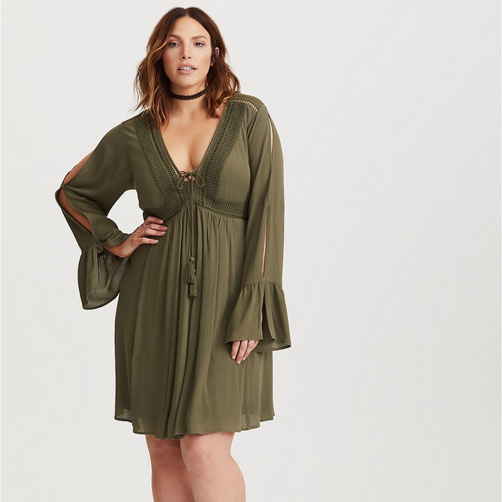 Torrid Olive Green Lace Up Gauze A-Line Dress 4
